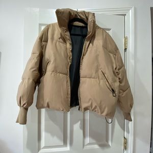 Beige tan camel cropped puffer jacket